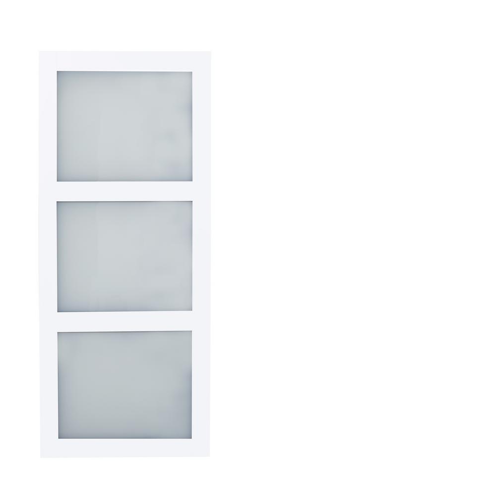 36 in. x 84 in. Bright White Solid Core Frosted 3 Lite Barn Door with Rustic Matte Black Hardware Kit - Super Arbor
