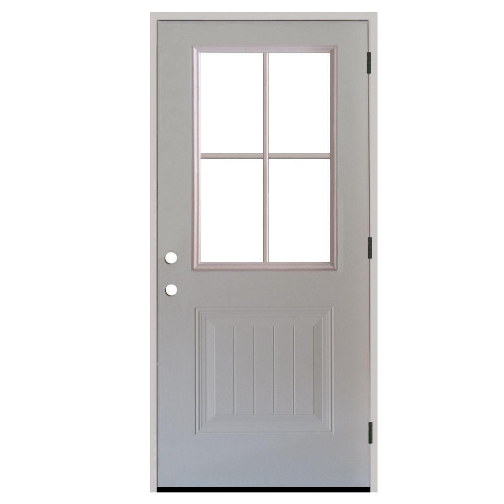 32 in. x 80 in. Premium Clear 4 Lite Plank Panel White Primed Steel Prehung Front Door - Super Arbor