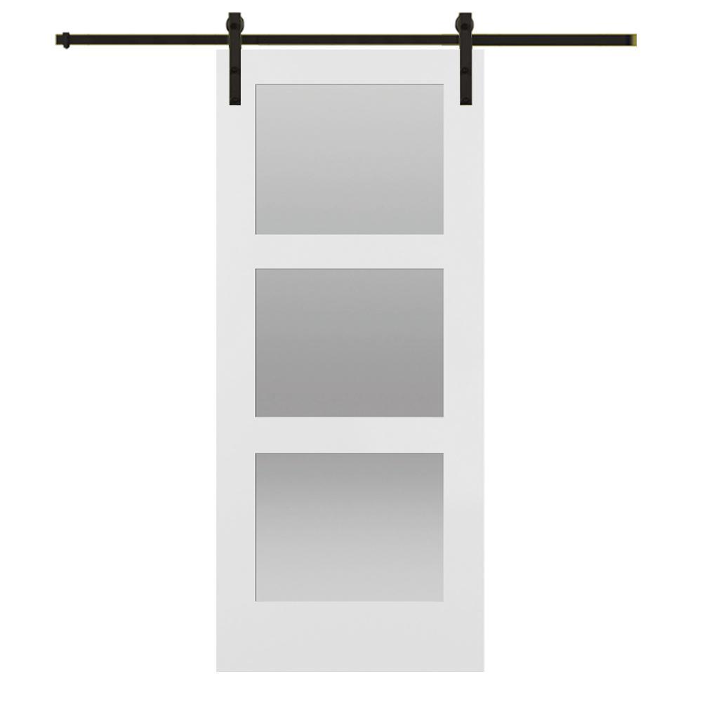 42 in. x 84 in. Shaker 3-Lite Frosted Glass Primed MDF Sliding Barn Door with Bent Strap Hardware Kit - Super Arbor