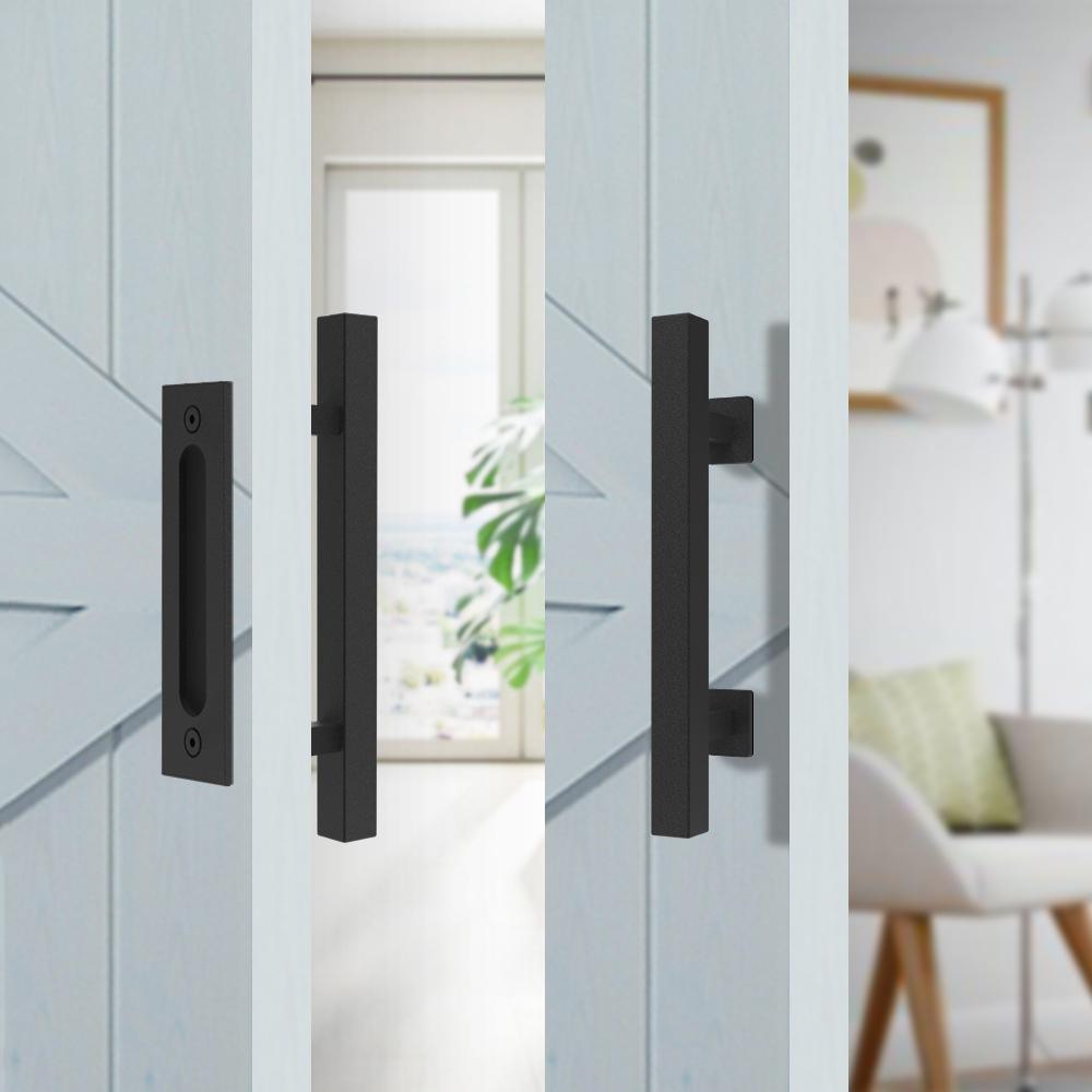 8 ft./96 in. Black Steel Bent Strap Sliding Barn Door Track and Hardware Kit with 12 in. Square Handle and Floor Guide - Super Arbor