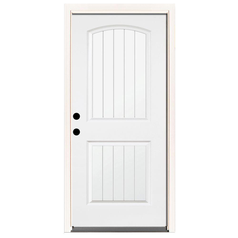 32 in. x 80 in. Premium 2-Panel Plank Primed White Steel Prehung Front Door with 32 in. Left-Hand Outswing & 4 in. Wall - Super Arbor