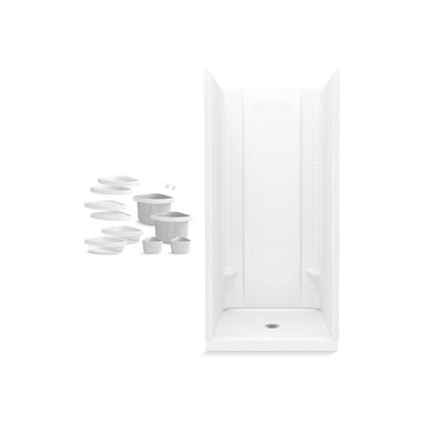 STORE+ 36 in. x 34 in. Single Threshold Center Drain Shower Base with Shower Walls and 12-Piece Accessory Kit in White - Super Arbor