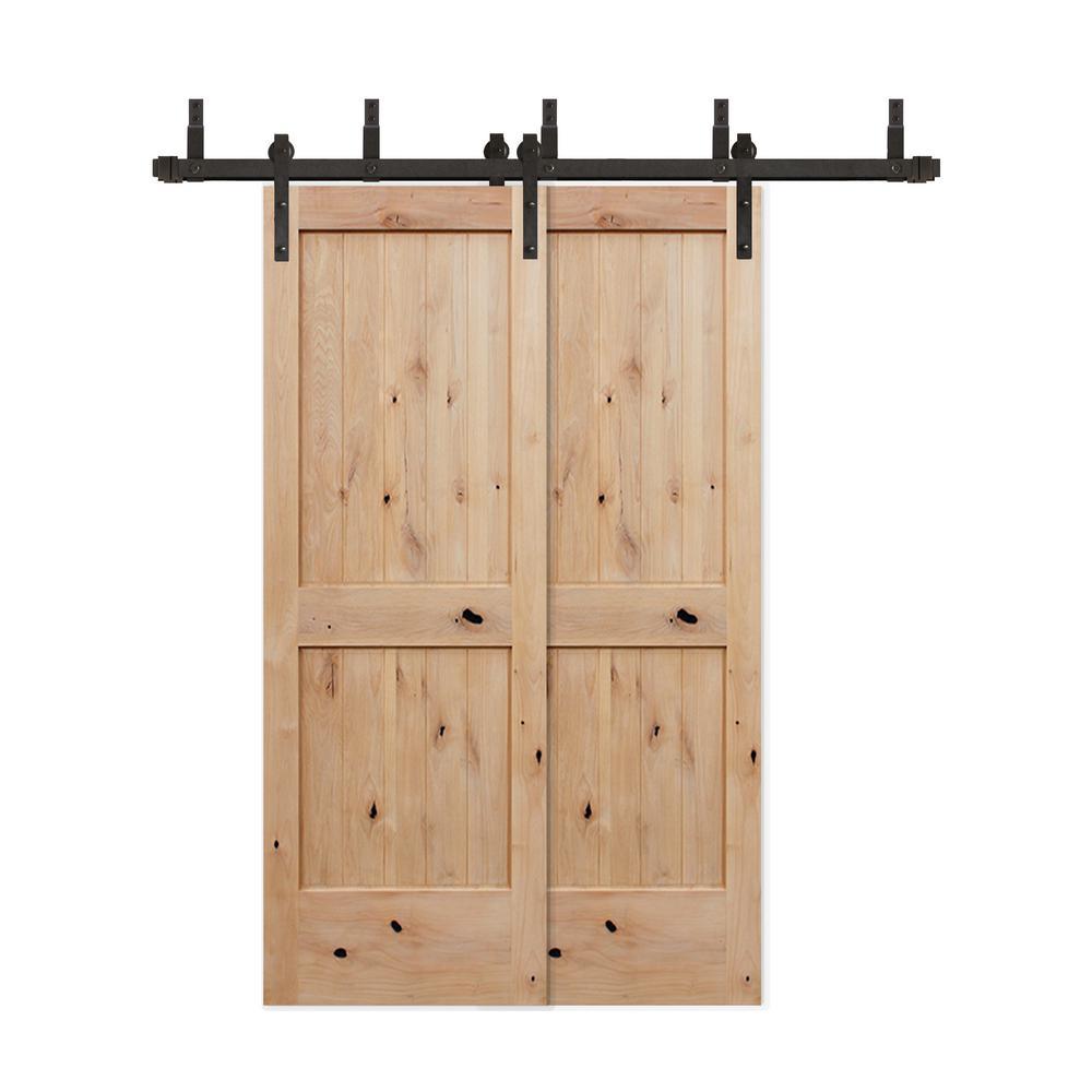 60in.x80in.Bypass Rustic Unf 2-PNL V-Groove Solid Core Knotty Alder Wood Sliding Barn Door with Bronze Hardware Kit - Super Arbor
