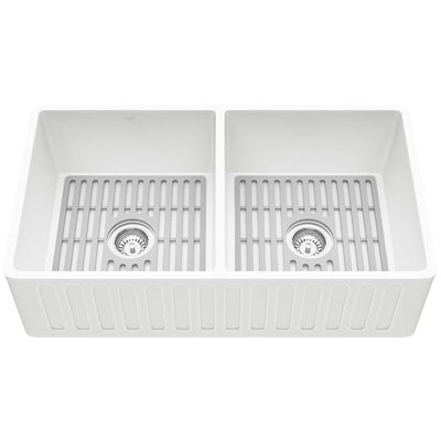 Matte Stone White Composite 33 in. Double Bowl Farmhouse Apron-Front Kitchen Sink Set with Strainers and Silicone Grids