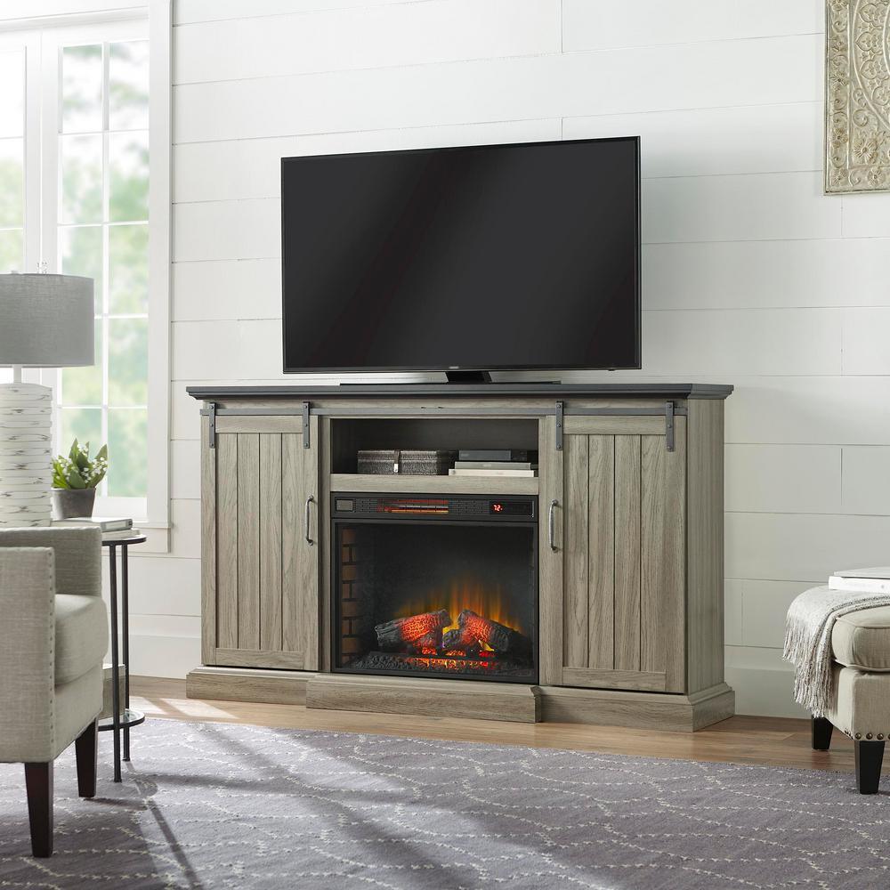 Chastain 56 in. Freestanding Media Console Electric Fireplace TV Stand with Sliding Barn Door in Rustic Walnut - Super Arbor