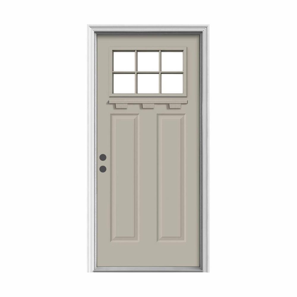 " 36 in. x 80 in. 6 Lite Craftsman Primed Steel Prehung Left-Hand Inswing Front Door w/Brickmould and Shelf"