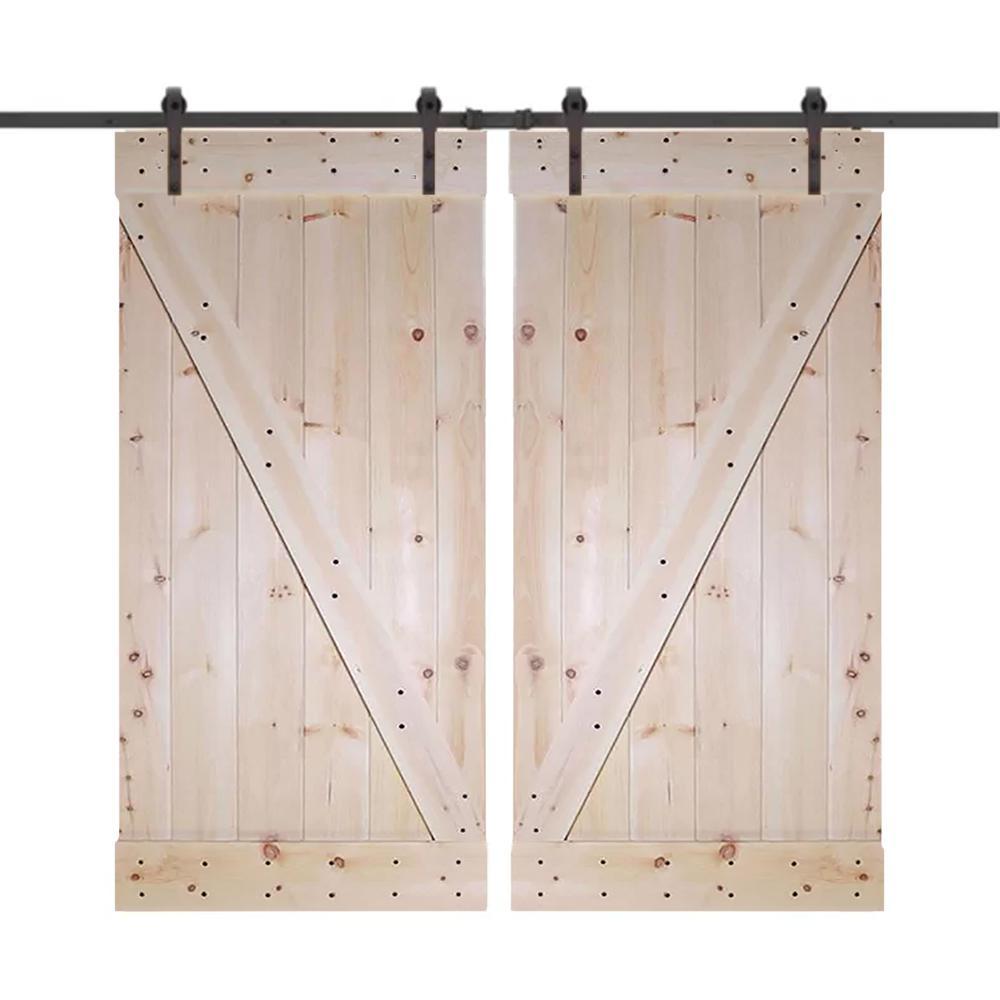60 in. x 84 in. Unfinished Knotty Pine Wood Double Sliding Barn Door with Classic Bent Strap Black Hardware Kit - Super Arbor