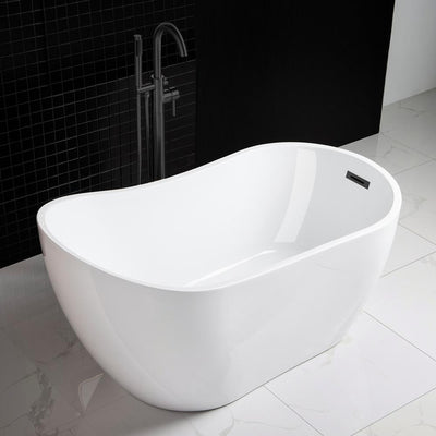 Lannion 54 in. Acrylic Freestanding Single Slipper Flat Bottom Soaking Bathtub with Drain and Overflow Included in White - Super Arbor