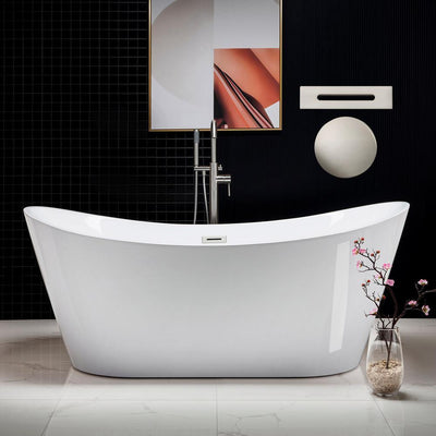 Oviedo 71 in. Acrylic Freestanding Double Slipper Flat Bottom Soaking Bathtub with Drain and Overflow Included in White - Super Arbor