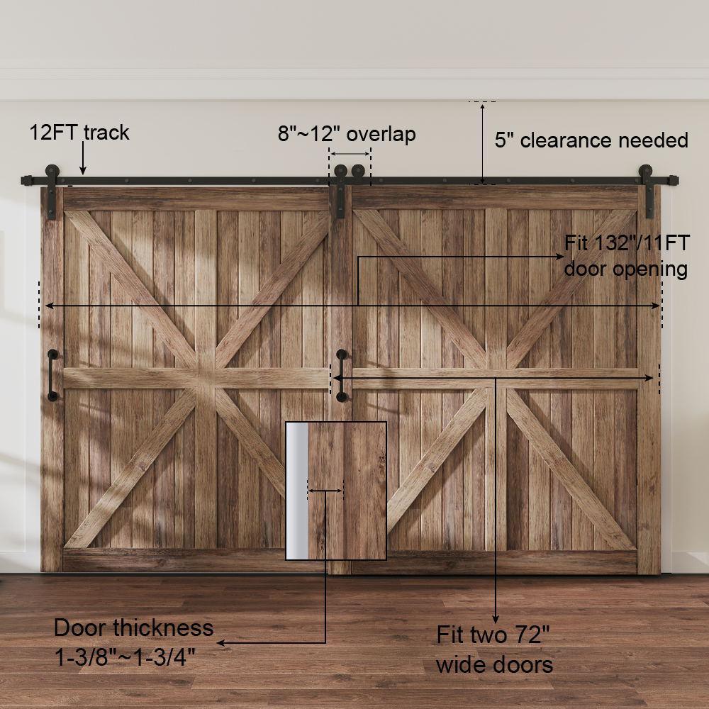 12 ft./144 in. Single Track Bypass Sliding Barn Door Hardware Kit for Double Doors Low Ceiling - Super Arbor