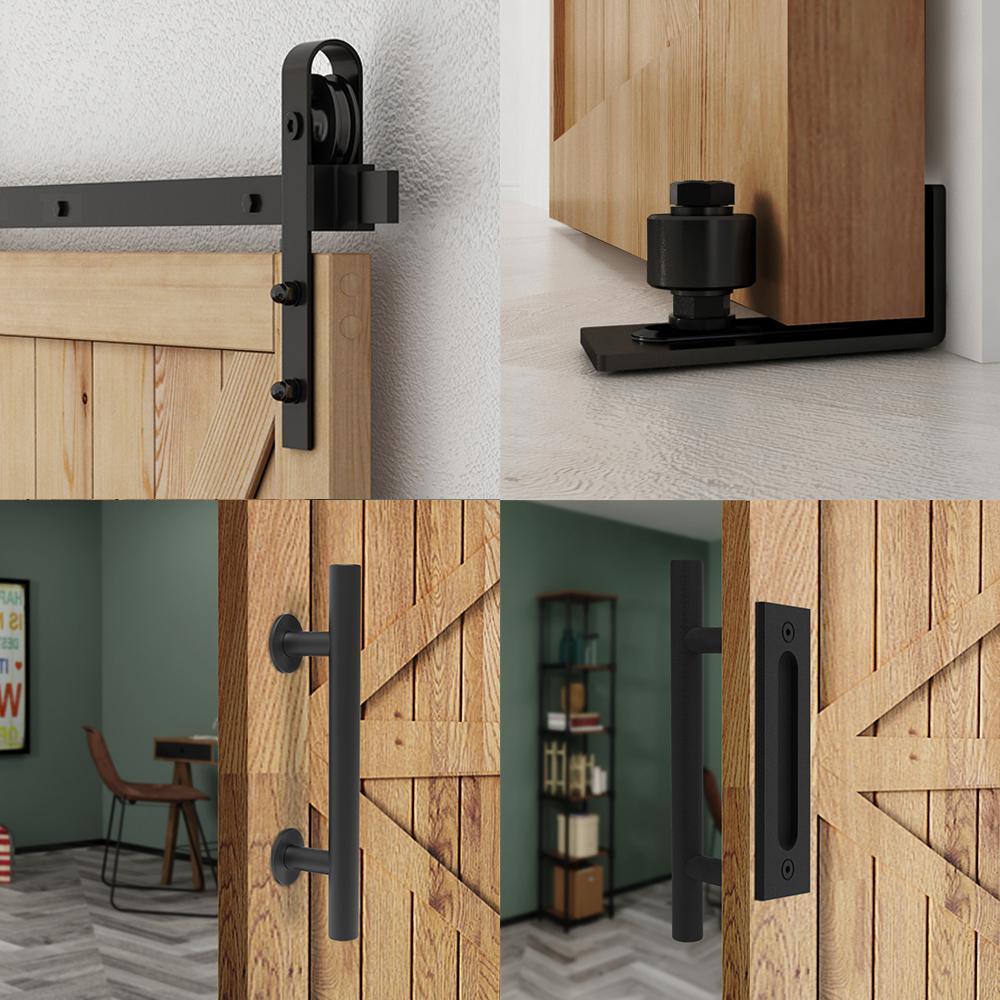 6.6 ft./79 in. Black Steel Strap Sliding Barn Door Track and Hardware Kit with 12 in. Cylinder Handle and Floor Guide - Super Arbor