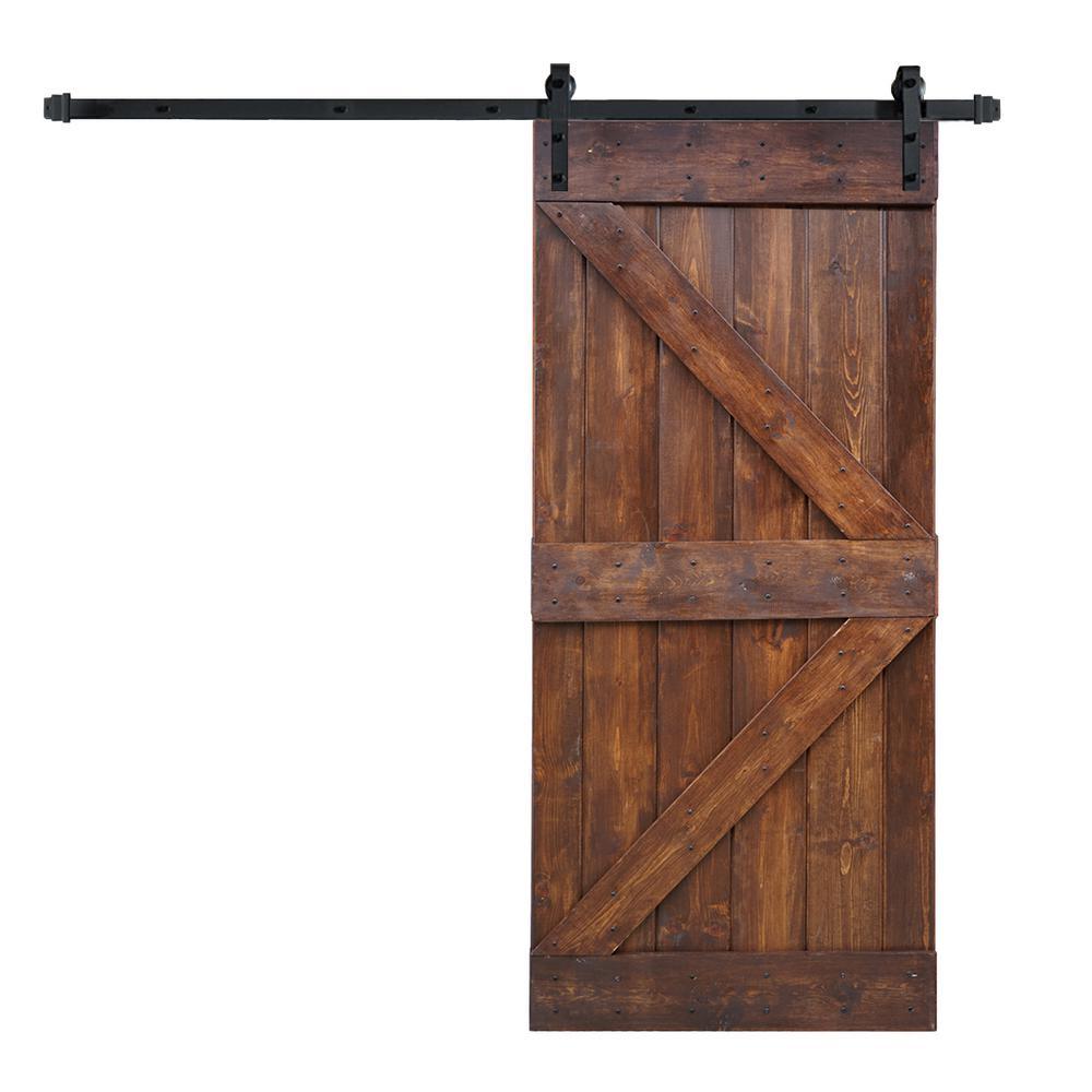 42 in. x 84 in. K-Series Dark Walnut DIY Finished Knotty Pine Wood Sliding Barn Door Slab with Hardware Kit - Super Arbor