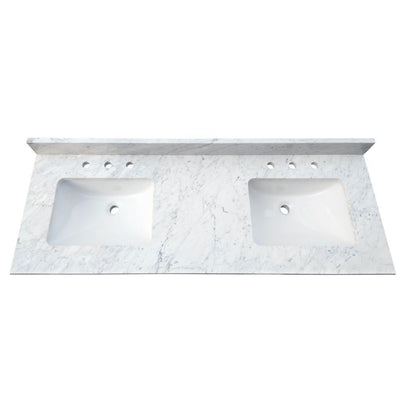 61 in. W x 22 in. D x 1 in. H Bianco Carrara White Marble Double Basin Vanity Top with White Basins - Super Arbor