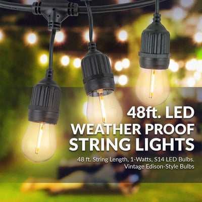 Outdoor/Indoor 48 ft. Corded Patio LED String Lights with 15 Sockets and 16 1-Watt S14 Filament Bulbs for Porch or Cafe