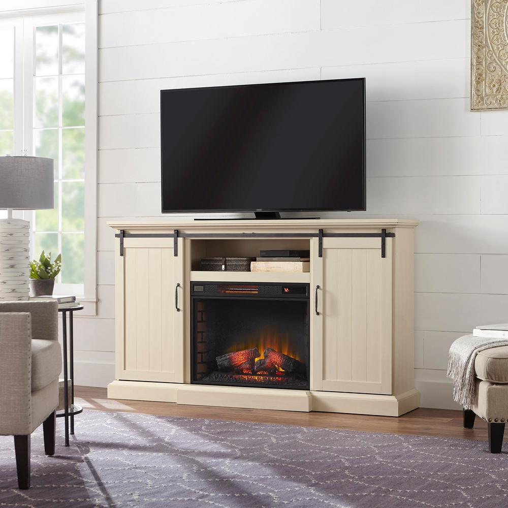 Chastain 56 in. Freestanding Media Console Electric Fireplace TV Stand with Sliding Barn Door in Rustic Walnut - Super Arbor