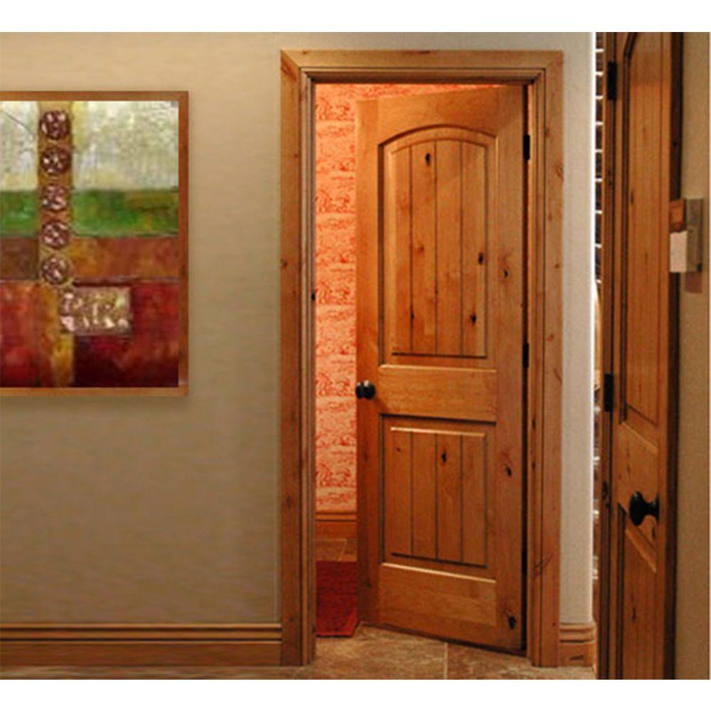 30 in. x 80 in. Knotty Alder 2 Panel Top Rail Arch with V-Groove Solid Wood Core Interior Door Slab - Super Arbor
