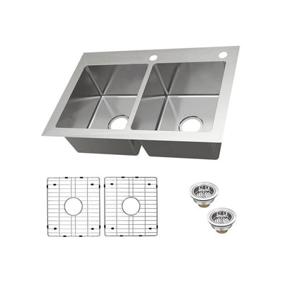 Dual Mount 18-Gauge Stainless Steel 33 in. 2-Hole 50/50 Double Bowl Kitchen Sink with Grid and Drain Assemblies