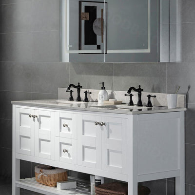 Leicester 61 in. W x 22 in. D Double Basin Engineered Quartz Marble Vanity Top in Carrara White with White Basins - Super Arbor