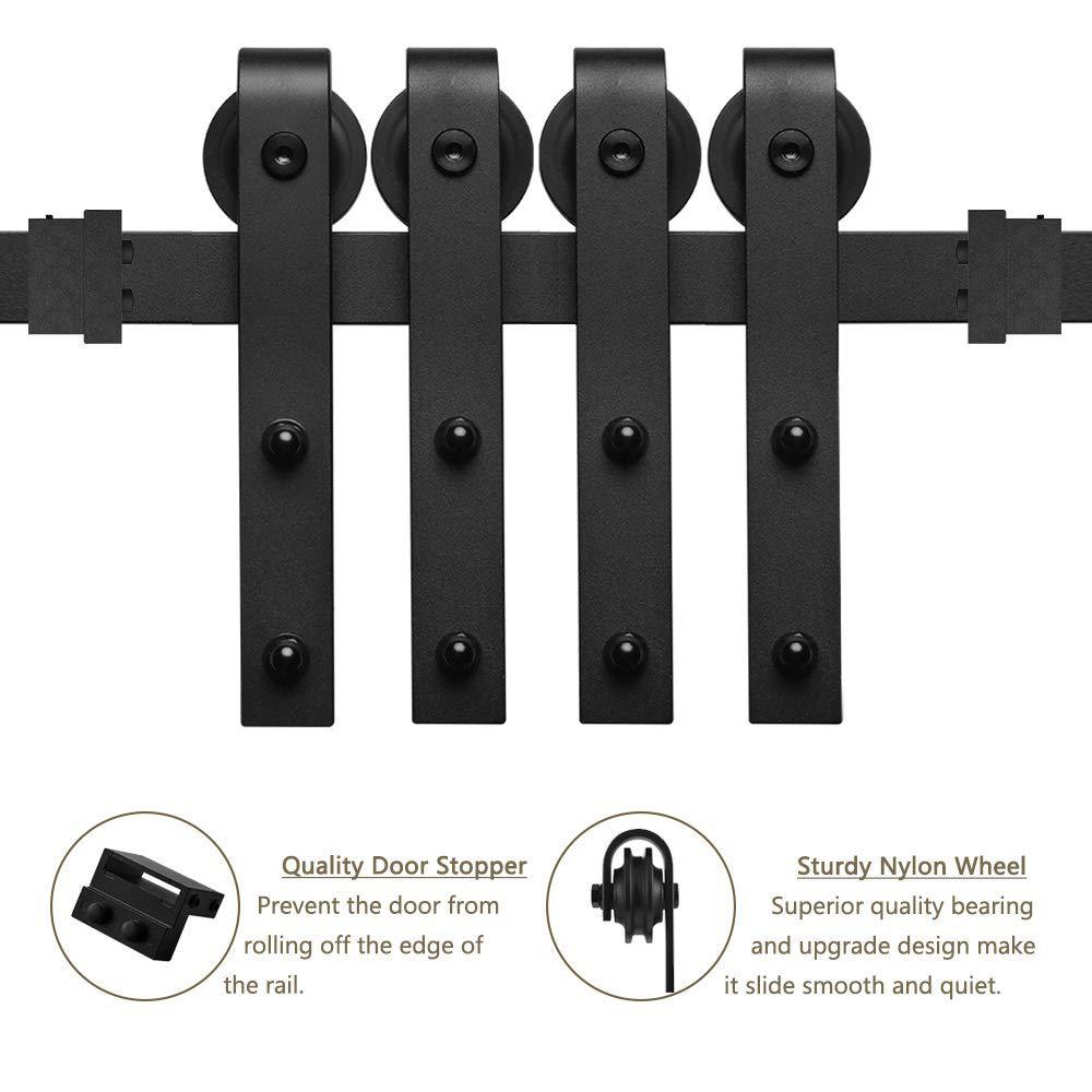8 ft./96 in. Black Steel Sliding Barn Door Track and Hardware Kit for Double Doors with Floor Guides (J-Shape Hanger) - Super Arbor