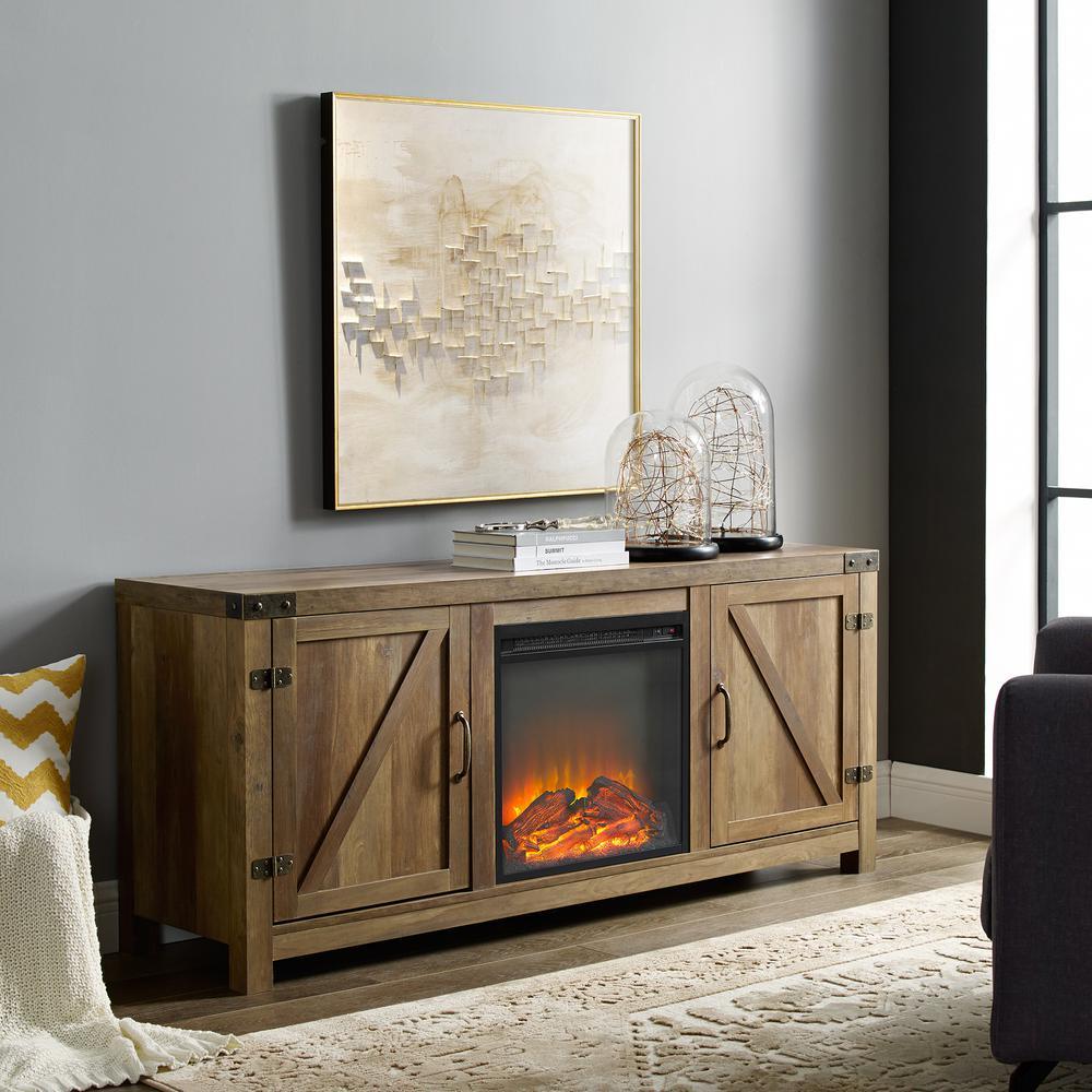 58 in. Rustic Barnwood Modern Farmhouse Barn Door Fireplace TV Stand Storage Console - Super Arbor