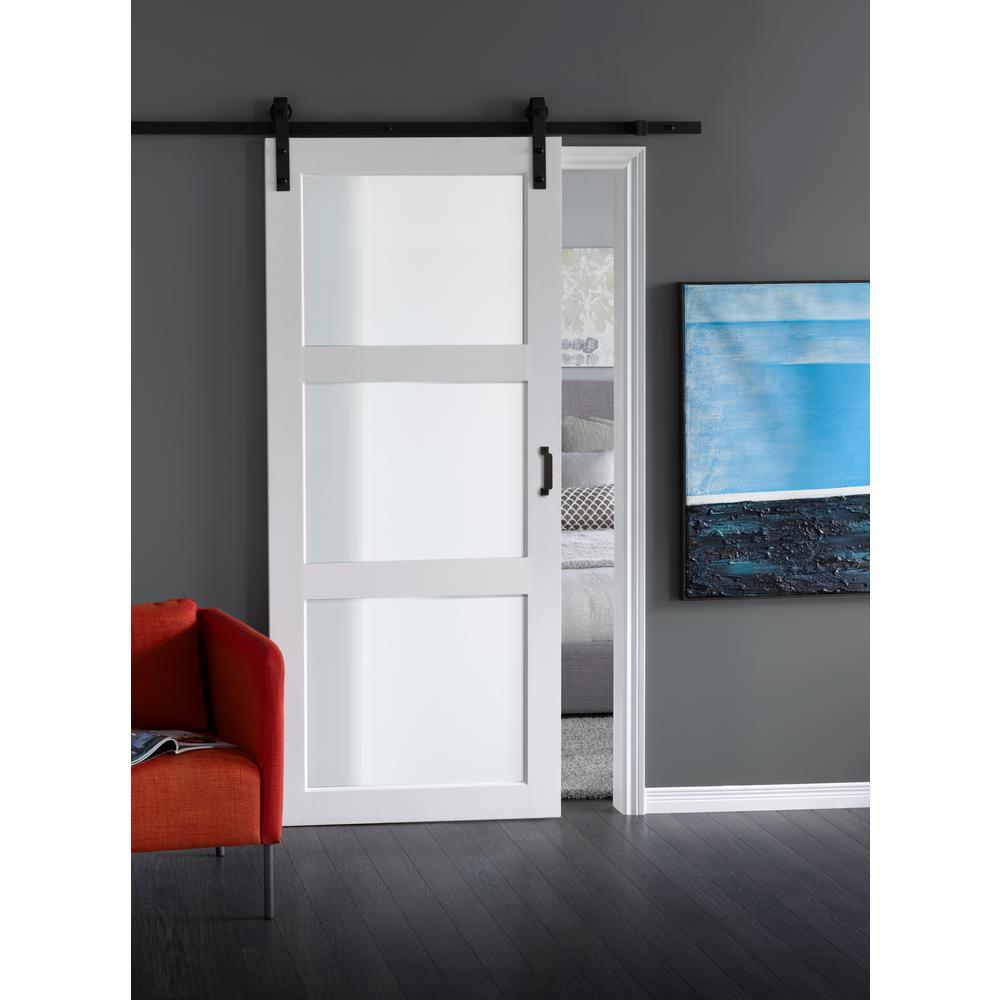 36 in. x 84 in. Bright White Solid Core Frosted 3 Lite Barn Door with Rustic Matte Black Hardware Kit - Super Arbor