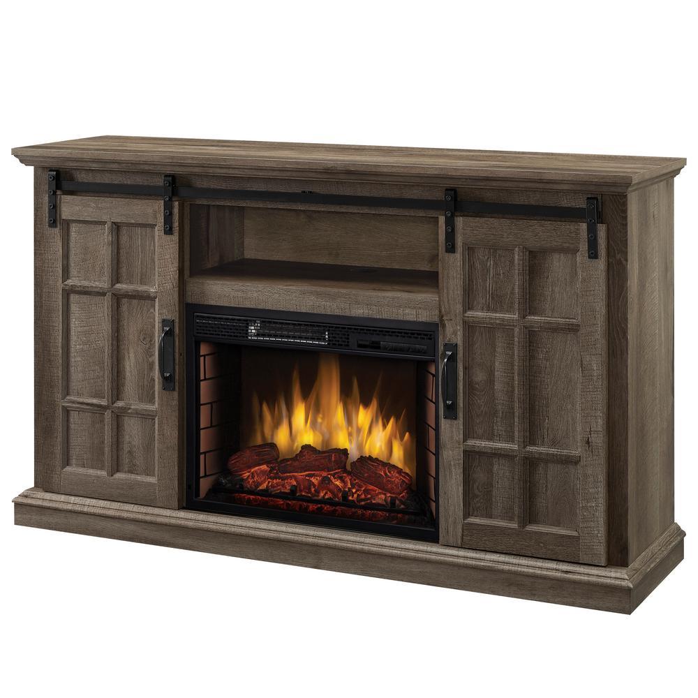 Colton 55 in. W Freestanding Infrared Electric Fireplace TV Stand with Sliding Door in Aged Oak - Super Arbor