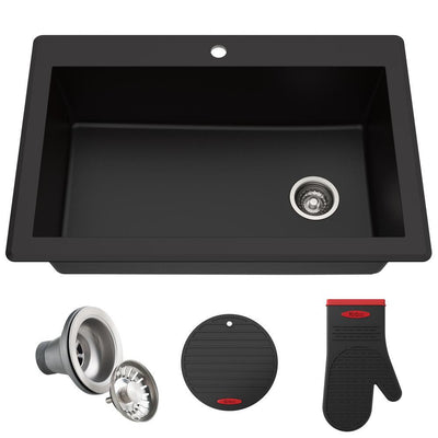 Forteza All-in-One Drop-In/Undermount Granite Composite 33 in. 1-Hole Single Bowl Kitchen Sink in Black - Super Arbor