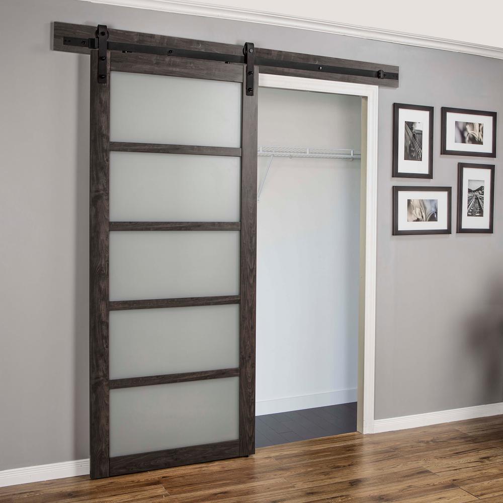 36 in. x 84 in. Iron Age Gray MDF Frosted Glass 5 Lite Design Sliding Barn Door with Rustic Hardware Kit - Super Arbor