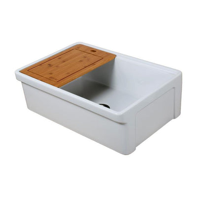 Tosca Farmhouse Fireclay 30 in. Single Bowl Kitchen Sink in White with Cutting-Board, Bottom Grid and Strainer