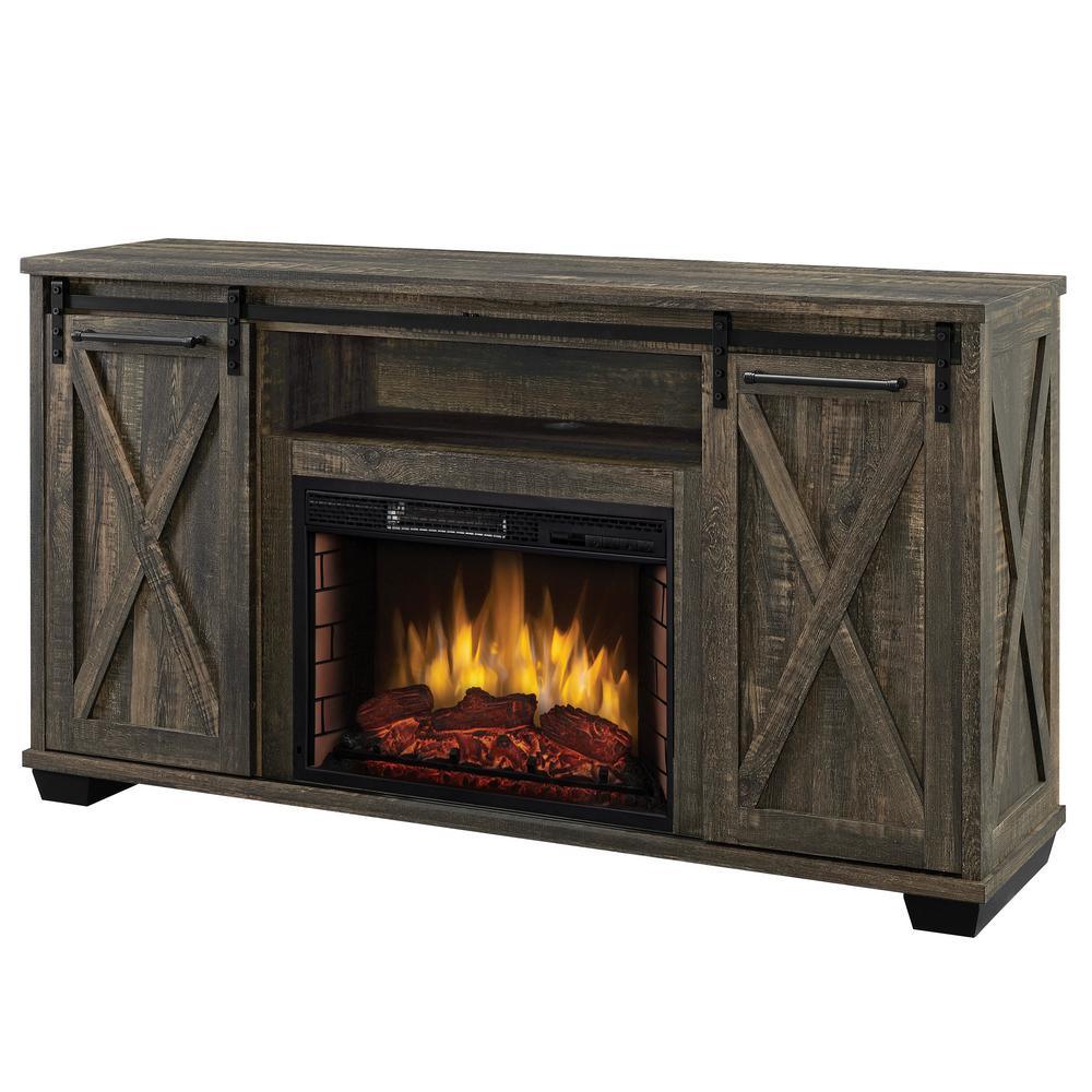Rivington 58 in. Freestanding Infrared Electric Fireplace TV Stand with Sliding Barn Door in Barnboard Gray - Super Arbor