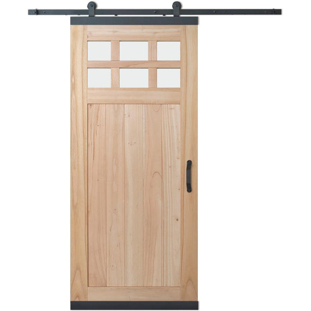 36 in. x 80 in. DesignGlide Farmhouse Unfinished Solid Wood 6-Lite Obscure Glass Sliding Barn Door & Black Hardware Kit