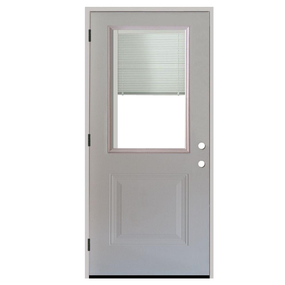 32 in. x 80 in. 1-Panel 1/2 Lite Mini-Blind Primed White Steel Prehung Front Door - Super Arbor