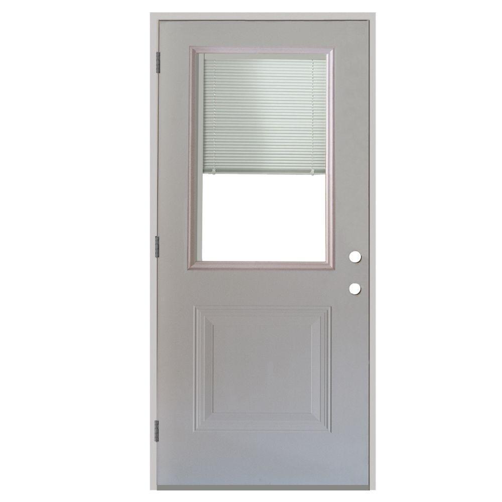 32 in. x 80 in. 1-Panel 1/2 Lite Mini-Blind Primed White Steel Prehung Front Door - Super Arbor
