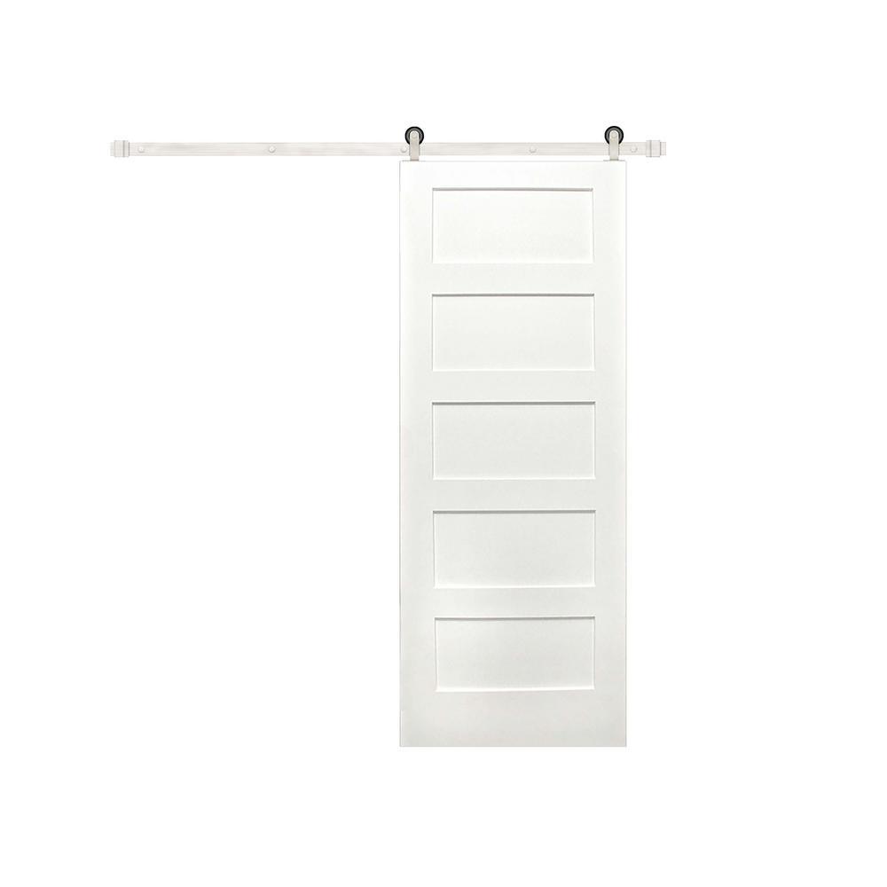 30 in. x 80 in. 5-Panel Unfinished Prime Solid Pine Wood Interior Sliding Barn Door with Oil Rubbed Bronze Hardware Kit - Super Arbor