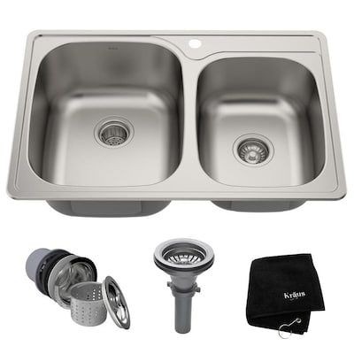 Kraus Premier Kitchen Sink 33.13-in x 22-in Stainless Steel Double Offset Bowl Drop-In -Hole Residential Kitchen Sink