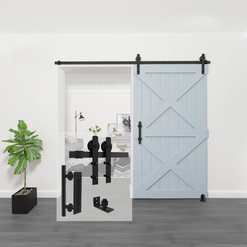 8 ft./96 in. Black Steel Straight Sliding Barn Door Track and Hardware Kit with 12 in. Square Handle and Floor Guide - Super Arbor