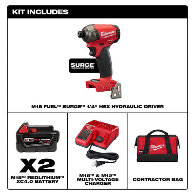 M18 FUEL SURGE 18-Volt Lithium-Ion Brushless Cordless 1/4 in. Impact Driver Kit with Two 4.0 Ah Batteries, Charger & Bag - Super Arbor