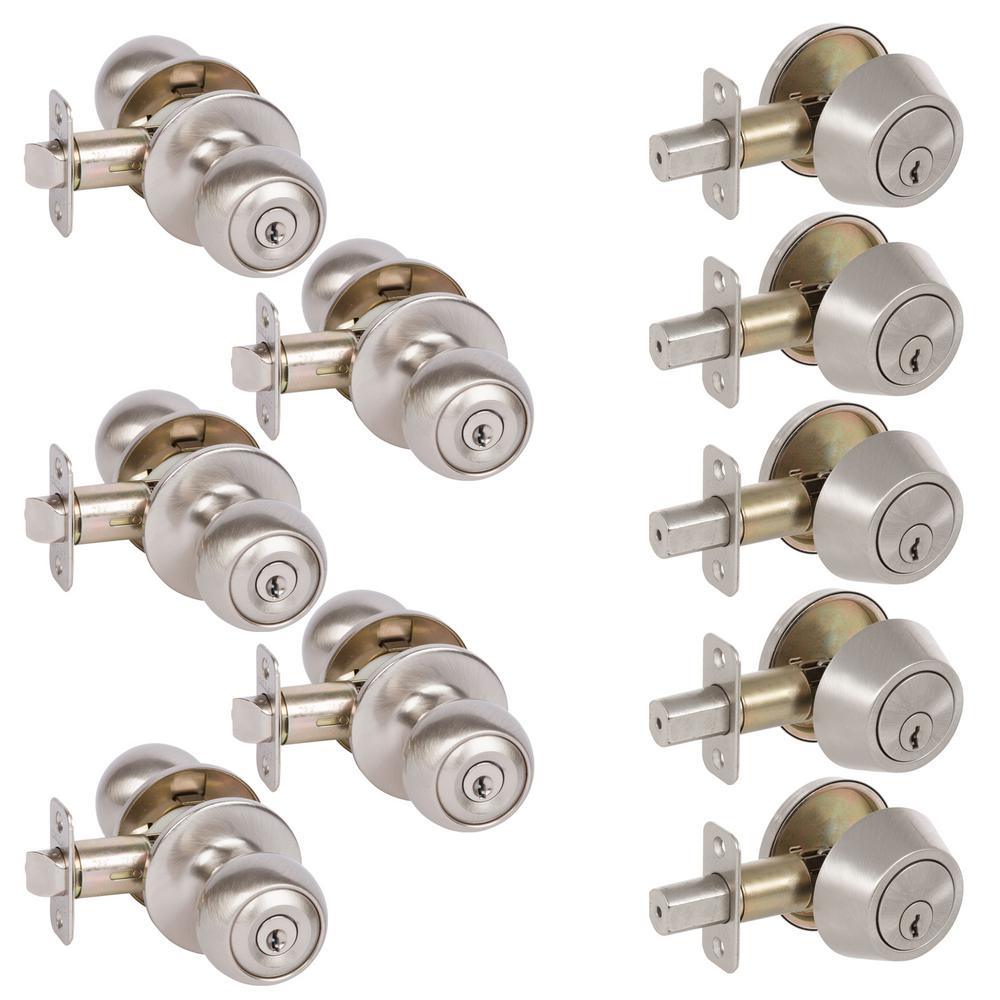 5-Fairfield Satin Nickel Round Entry Door Locks and 5-Satin Nickel Single Cylinder Deadbolts All Keyed Alike - Super Arbor