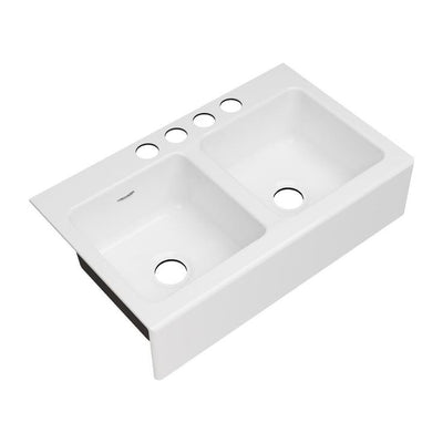 Delancey Farmhouse Apron Front Cast Iron 36 in. 4-Hole Double Bowl Kitchen Sink in Brilliant White