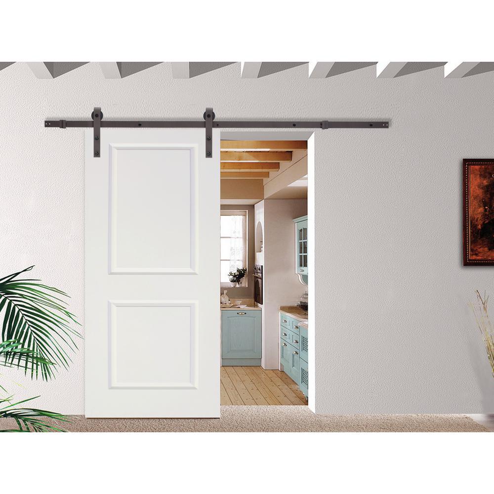 Classic Bent Strap Door Track Hardware and 36 in. White Primed MDF Raised 2 Panel Interior Sliding Barn Door - Super Arbor