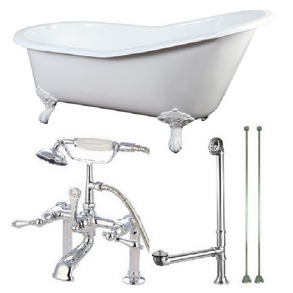 Slipper 62 in. Cast Iron Clawfoot Bathtub in White with Faucet Combo in Polished Brass - Super Arbor
