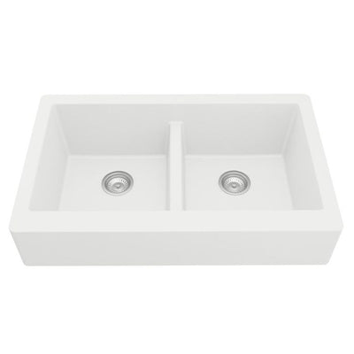 Retrofit Farmhouse Apron Front Quartz Composite 34 in. Double Bowl Kitchen Sink in White