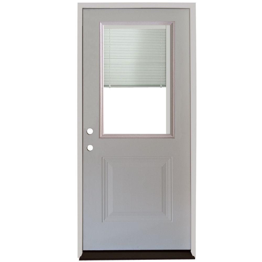 36 in. x 80 in. 1-Panel 1/2 Lite Mini-Blind Primed White Steel Prehung Front Door - Super Arbor