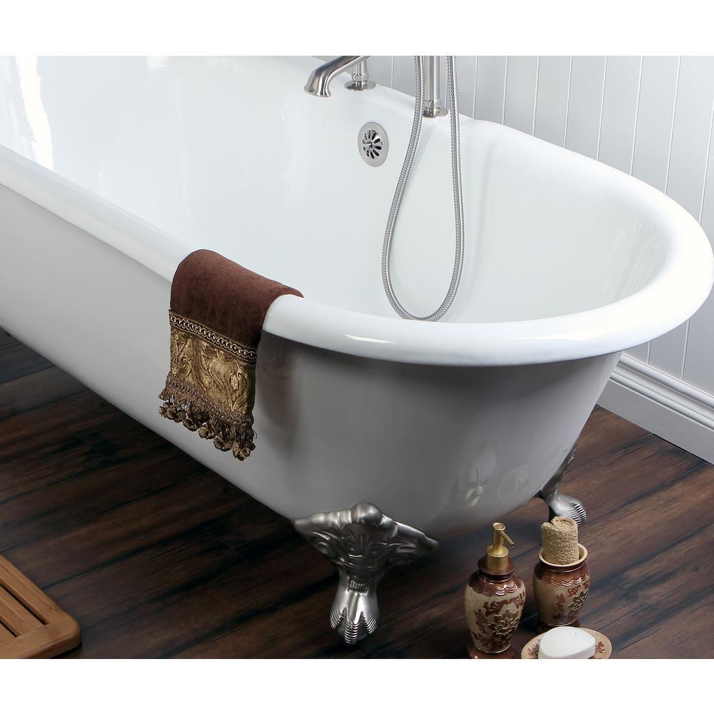 Classic Double Ended 66 in. Cast Iron Clawfoot Bathtub in White and Faucet Combo in Brushed Nickel - Super Arbor