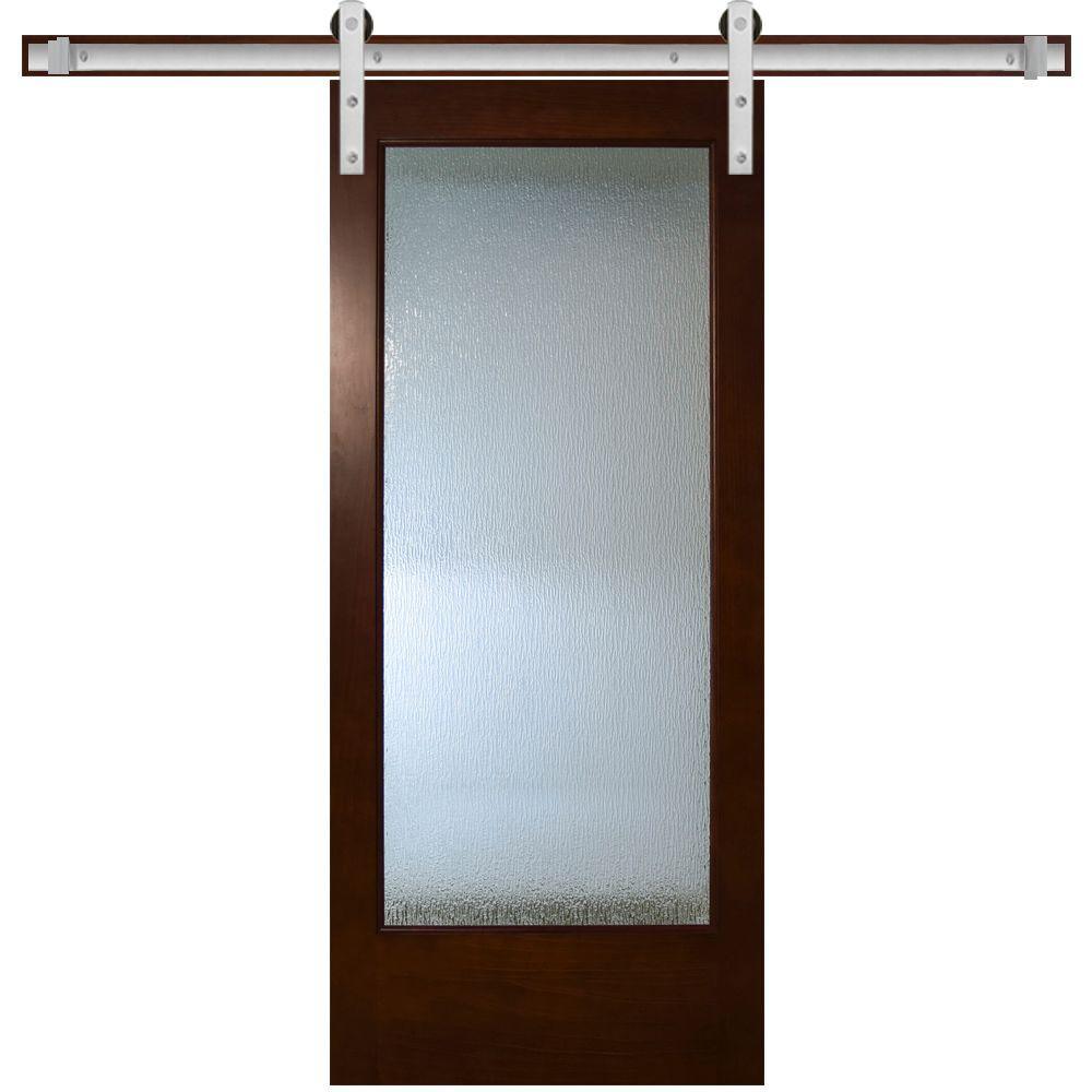 30 in. x 84 in. Modern Full Lite Rain Glass Stained Pine Interior Sliding Barn Door with Hardware Kit - Super Arbor