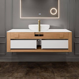 Eviva Leah 44 in. W x 20 in. D Medium Oak Wallmount Bathroom Vanity with White Solid Surface Top and Vessel Sink