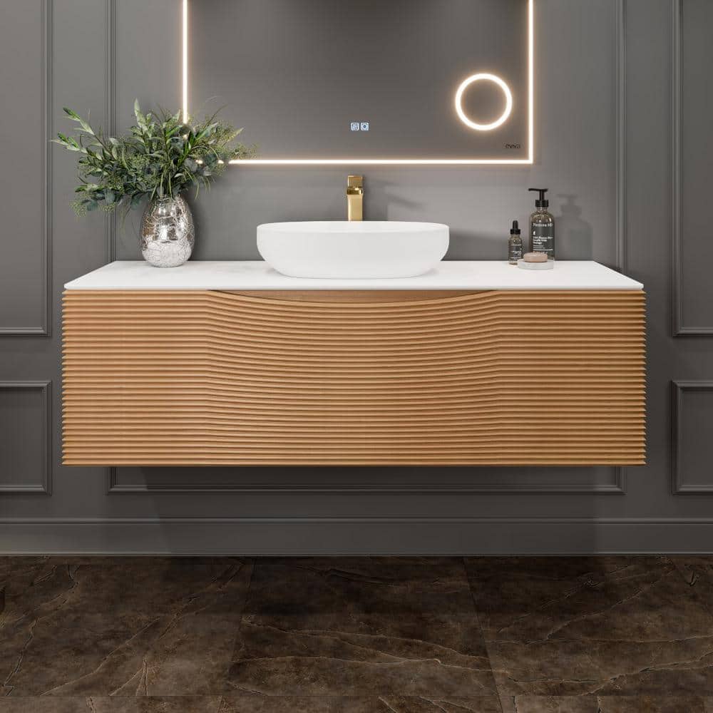 Eviva Leah 44 in. W x 20 in. D Medium Oak Wallmount Bathroom Vanity with White Solid Surface Top and Vessel Sink