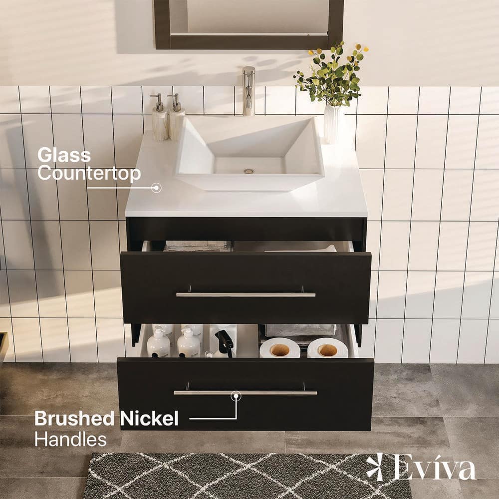 Eviva Totti Wave 24 in. W x 21 in. D x 22 in. H Floating Bathroom Vanity in Espresso with White Glassos Top and White Vessel Sink