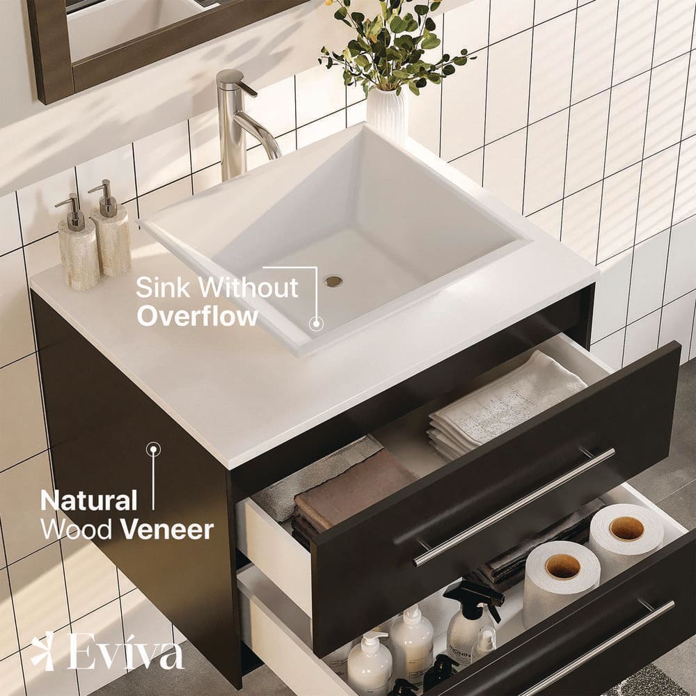 Eviva Totti Wave 24 in. W x 21 in. D x 22 in. H Floating Bathroom Vanity in Espresso with White Glassos Top and White Vessel Sink
