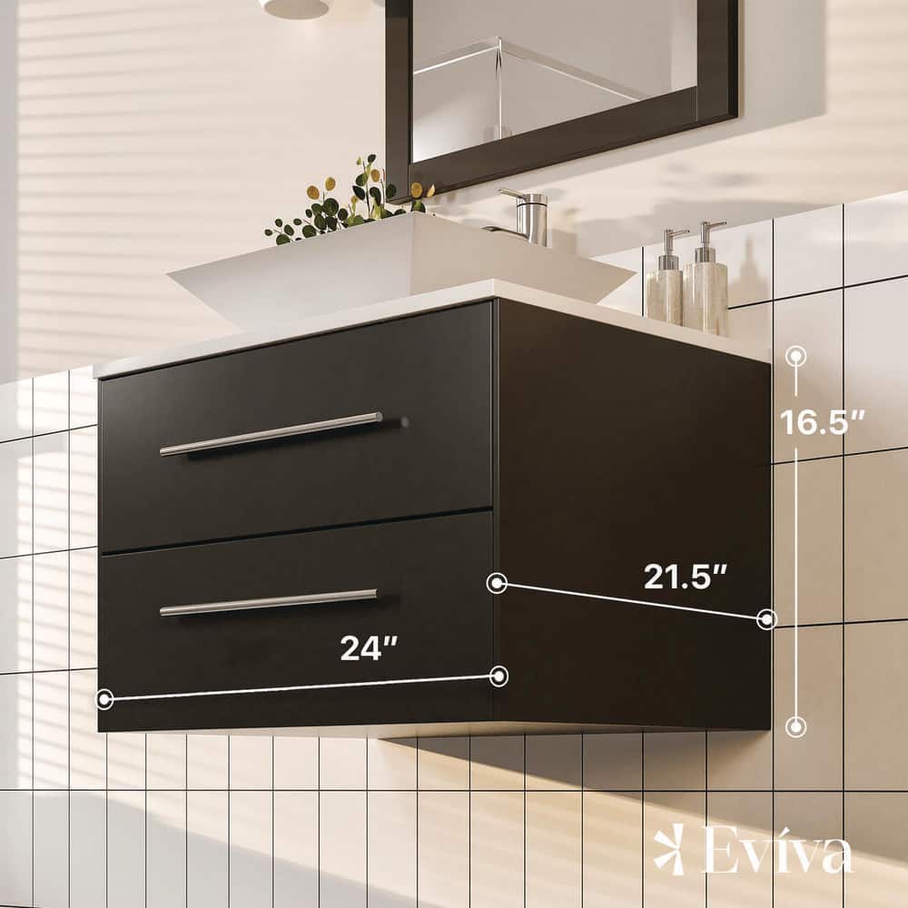Eviva Totti Wave 24 in. W x 21 in. D x 22 in. H Floating Bathroom Vanity with White Glassos Top and White Porcelain Vessel Sink